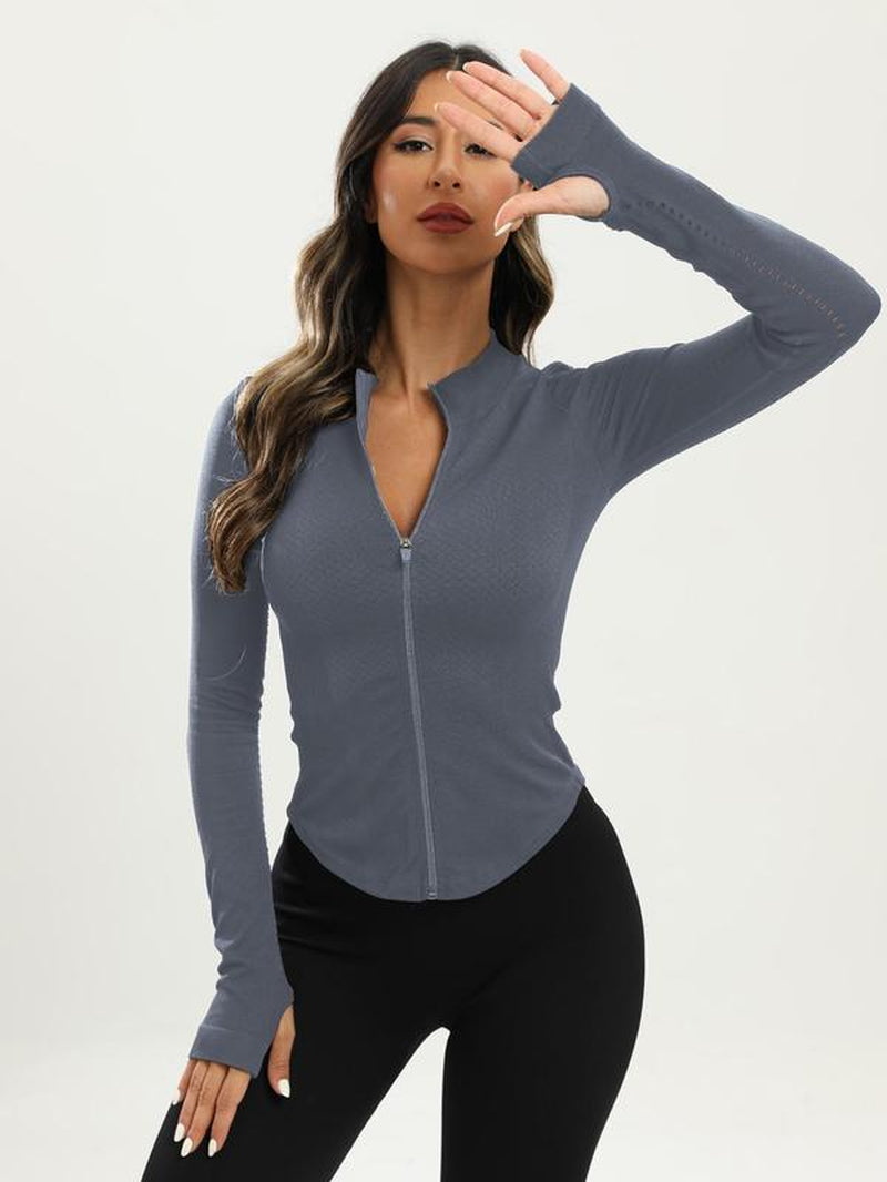 Women'S Zip up Stand Collar Sports Jacket, Sport Long Sleeve Thumb Hole Design Jacket, Summer Outfits 2024, Fall Clothes