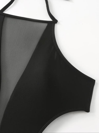Women'S Solid Cut Out Drawstring Knot Back Contrast Mesh One-Piece Swimsuit, Casual Halter Neck Tie Back Swimwear for Summer, Fashion Women'S Swimsuit for Beach Holiday